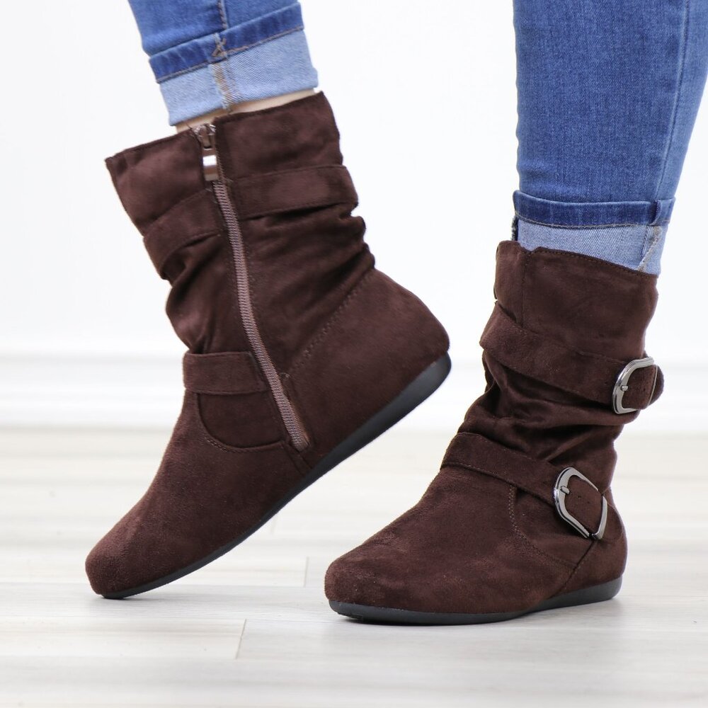 Brown Suede Buckle Boots  Flat Sole Slouchy Fit Everyday Fall Style - Picture 13 of 14